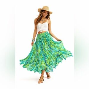 Vintage Ruby Rd. Vibrant Green and Blue Abstract Pleated Maxi Skirt - Women’s 14